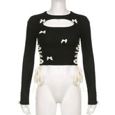 Bowknot long sleeve hollow out lace up contrast top